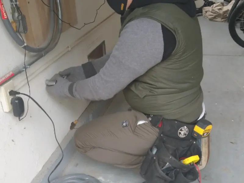 Electrician performing outlet wiring in a North Hanover garage